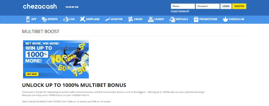 ChezaCash multi-bet promotion Screenshot